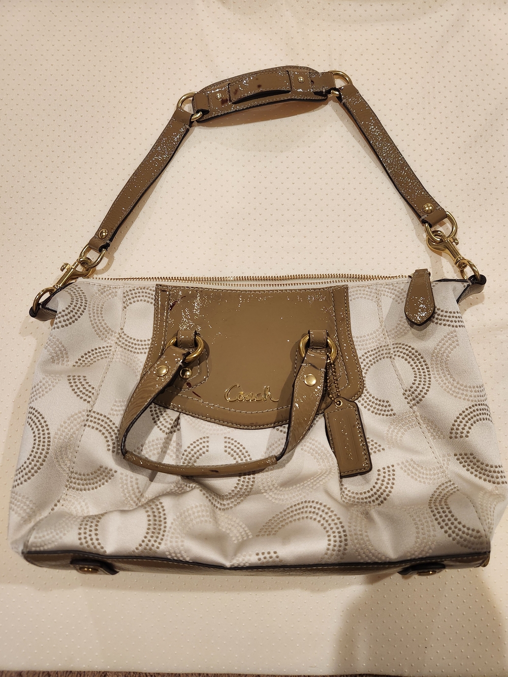 Coach Cream & Taupe Signature C Logo Canvas Shoulder Bag - Coach